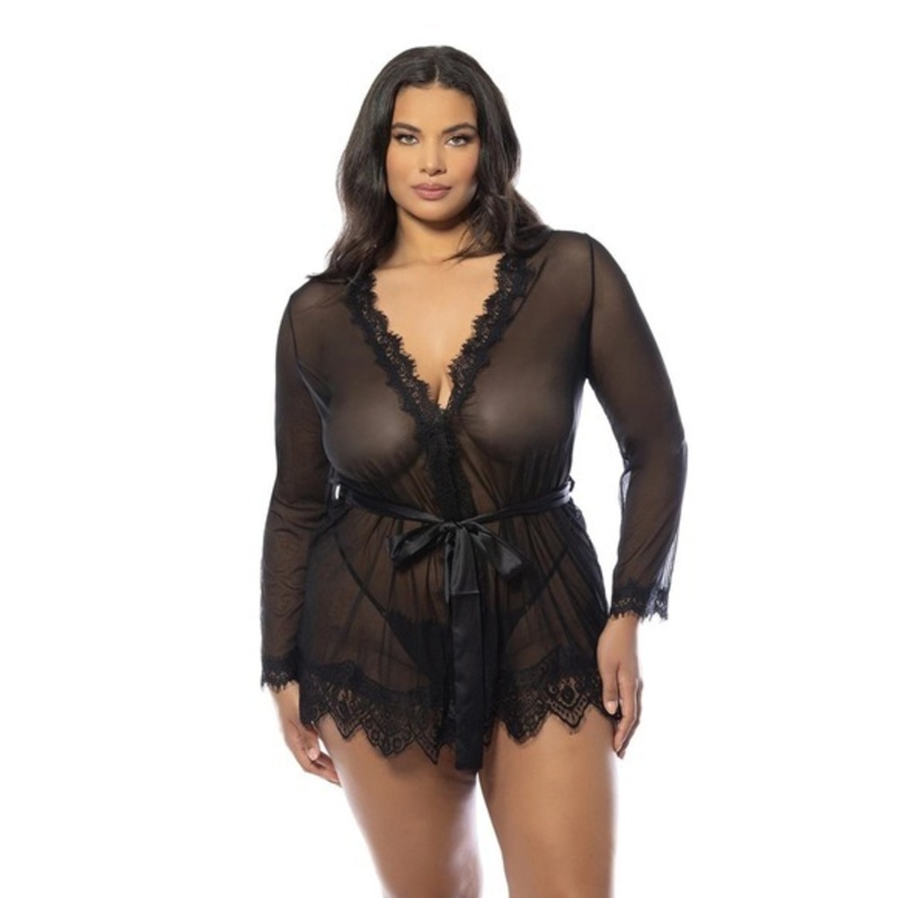New PLUS 1X/2X Oh la la Cheri Black Eyelash Lace Robe Belted Tie Lingerie